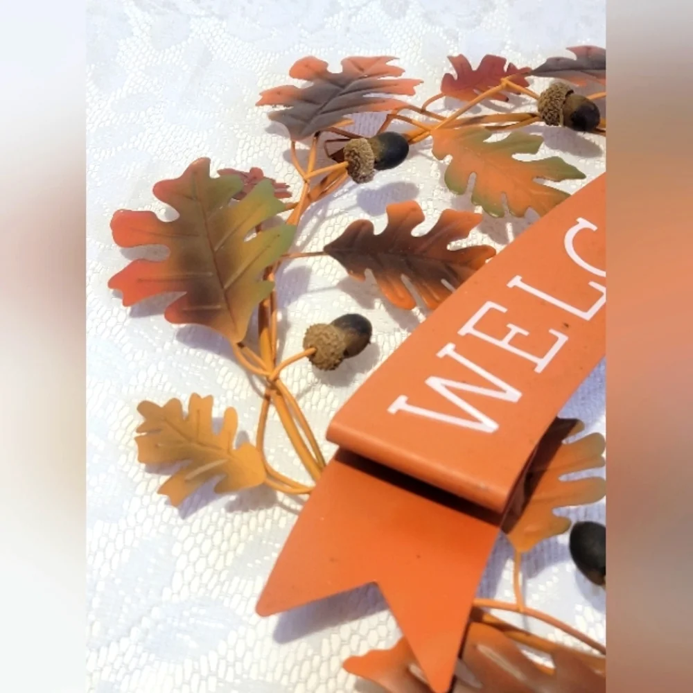 Fall Welcome Sign Metal Autumn Leaf Color Oak Acorn Wreath Door Wall Home Decor